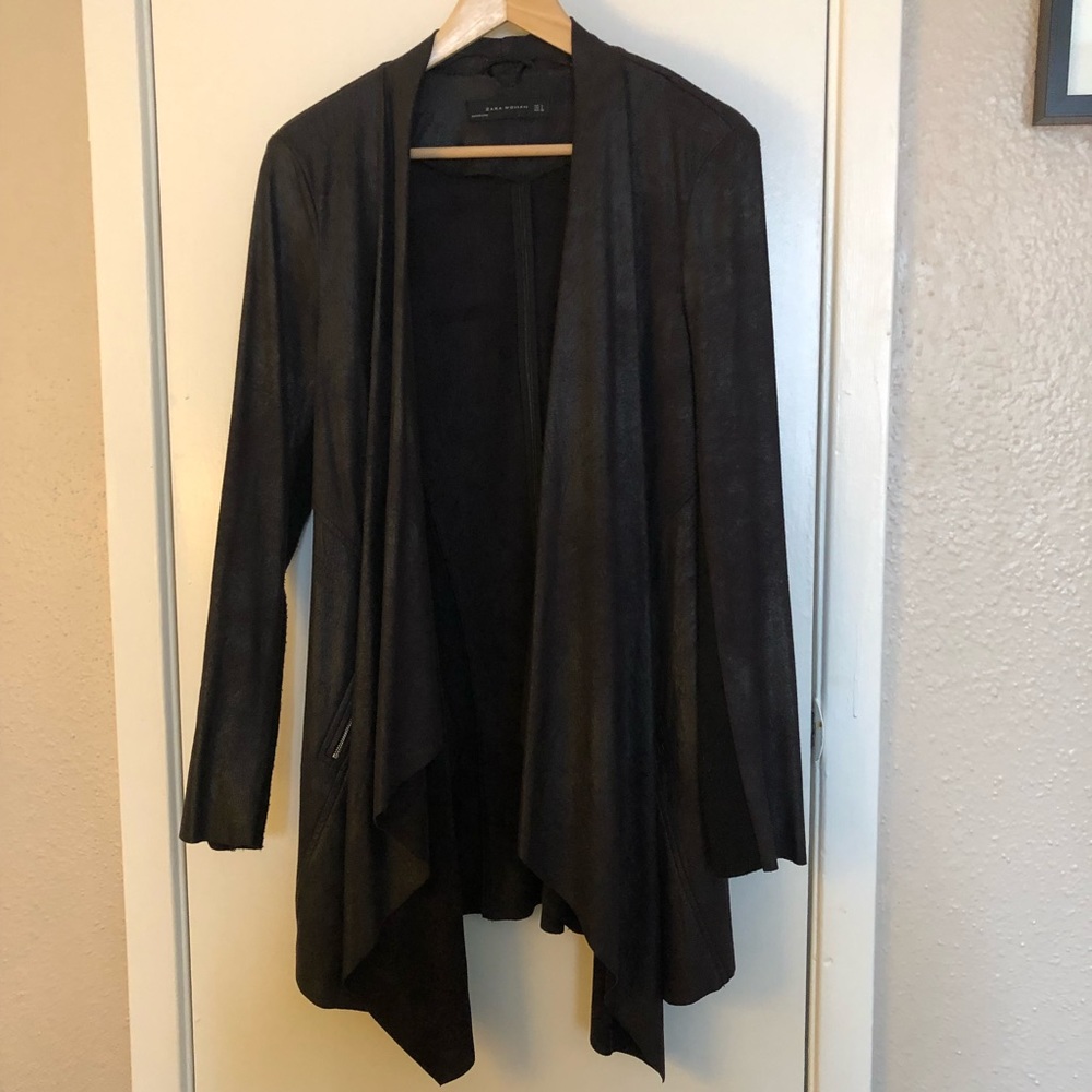 ZARA long black faux leather/suede jacket -L